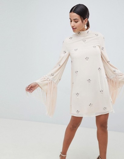 ASOS DESIGN Embellished Shift Mini Dress With Fringed Sleeves – nude vintage style evening dresses