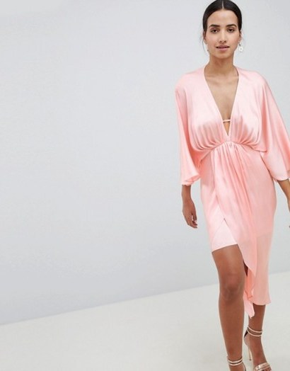 ASOS DESIGN Midi Plunge Kimono In Satin – pale pink plunging dresses - flipped