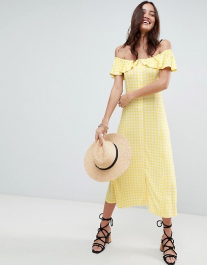 ASOS Off Shoulder Button Through Midi Sundress in Gingham / yellow check print bardot dresses / summer style