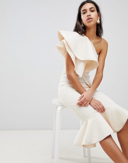 ASOS PREMIUM Quilted Pephem Bodycon Midi Dress ~ cream statement dresses - flipped
