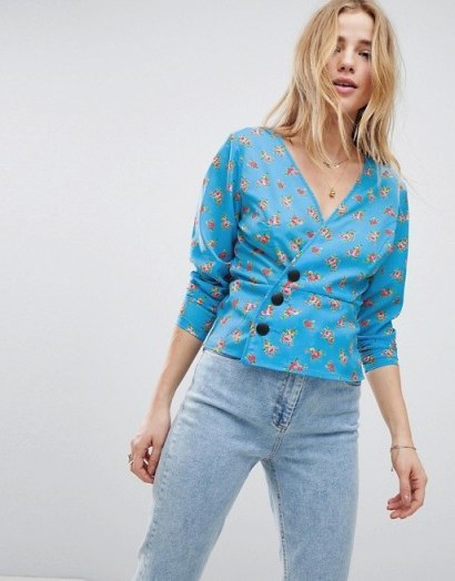 ASOS Wrap Top in Bright Ditsy with Button Detail | blue vintage style floral tops - flipped