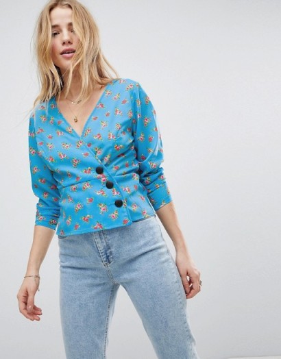 ASOS Wrap Top in Bright Ditsy with Button Detail | blue vintage style floral tops