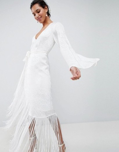 ASOS EDITION Fringe Wrap Wedding Maxi Dress – white boho style bridal dresses - flipped