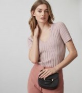 Reiss ASTER WIDE RIB V-NECK TOP ASH PINK – pink ribbed short sleeve tops – ready for spring