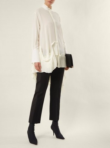 ALEXANDER MCQUEEN Asymmetric ruffle-trimmed ivory silk-crepe blouse ~ feminine floaty blouses - flipped