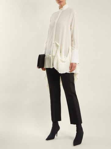 ALEXANDER MCQUEEN Asymmetric ruffle-trimmed ivory silk-crepe blouse ~ feminine floaty blouses