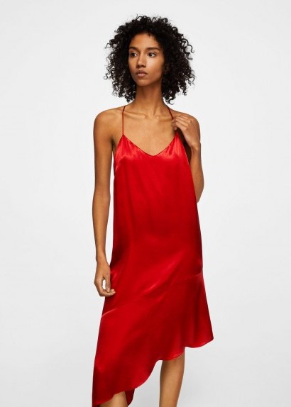 Mango Asymmetrical satin dress MILANESE – silky red cami dresses - flipped