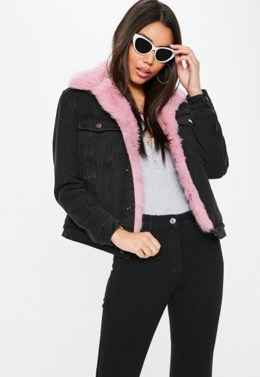 barbie x missguided black denim pink fur lined jacket | back print logo jackets - flipped