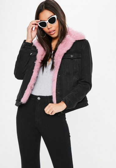 barbie x missguided black denim pink fur lined jacket | back print logo jackets