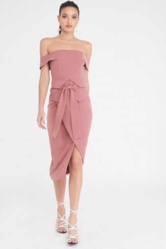 LAVISH ALICE Bardot Corset Belt Midi Dress – pink off shoulder dresses - flipped
