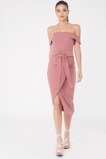 LAVISH ALICE Bardot Corset Belt Midi Dress – pink off shoulder dresses