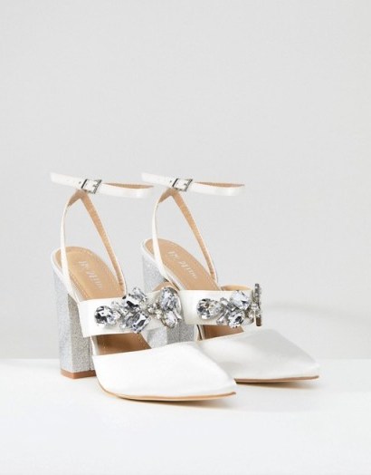 Be Mine Bridal Lucid Ivory Satin Embellished Heeled Shoes – ivory wedding shoes – ankle strap block heels - flipped