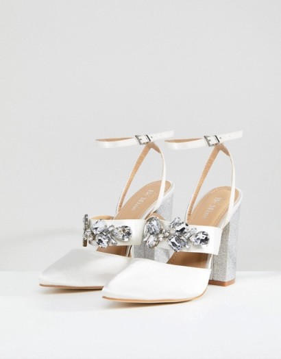 Be Mine Bridal Lucid Ivory Satin Embellished Heeled Shoes – ivory wedding shoes – ankle strap block heels