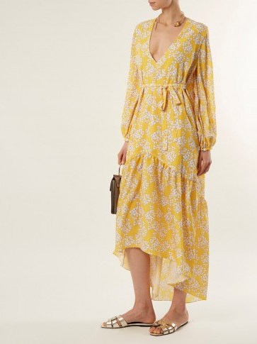 BORGO DE NOR Beatrice Bouquet-print crepe dress ~ yellow floral asymmetric hemline dresses - flipped