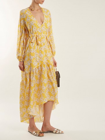 BORGO DE NOR Beatrice Bouquet-print crepe dress ~ yellow floral asymmetric hemline dresses