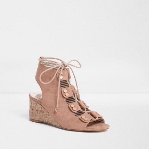 River Island Beige tie up cork wedges | lace-up wedge shoes - flipped