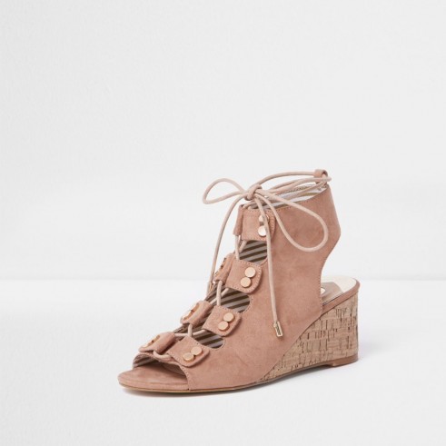 River Island Beige tie up cork wedges | lace-up wedge shoes