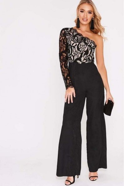 BILLIE FAIERS BLACK LACE ONE SLEEVE PALAZZO JUMPSUIT ~ glamorous evening jumpsuits - flipped