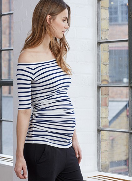 ISABELLA OLIVER BILLIE OFF THE SHOULDER TOP – navy and white stripe bardot tops – stylish pregnancy fashion