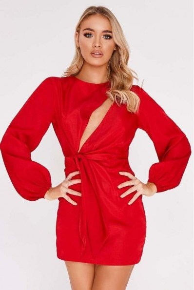 BINKY RED ASYMMETRIC SLASH PLUNGE TIE FRONT DRESS ~ cut out dresses - flipped
