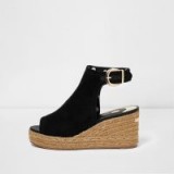 River Island Black faux suede espadrille wedges | peep-toe wedge heel sandals
