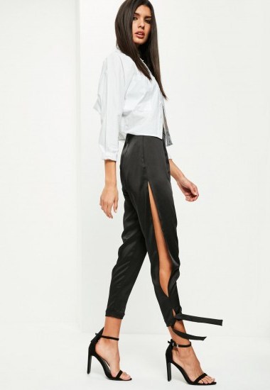 MISSGUIDED black high shine split tie detail trousers – silky side slit pants - flipped