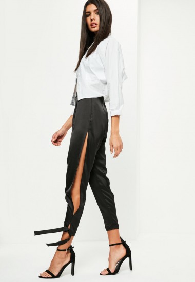 MISSGUIDED black high shine split tie detail trousers – silky side slit pants