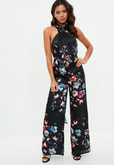 Missguided black satin multiway printed wide leg jumpsuit - flipped