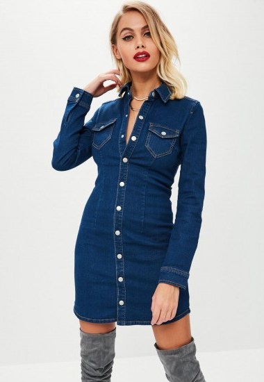missguided blue fitted long sleeve button denim dress - flipped