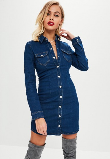missguided blue fitted long sleeve button denim dress
