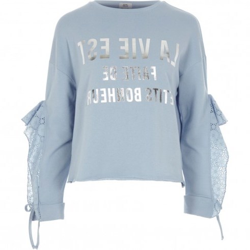River Island Blue ‘la vie est’ broderie frill sweatshirt | French slogan sweatshirts - flipped