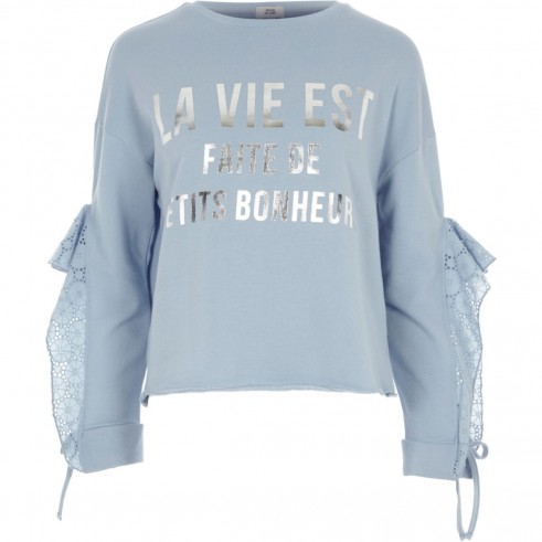 River Island Blue ‘la vie est’ broderie frill sweatshirt | French slogan sweatshirts