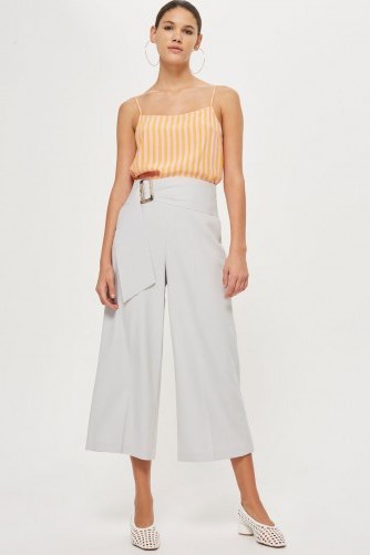 Topshop Bonded Cropped Wide Leg Trousers | pale grey belted waist pants - flipped
