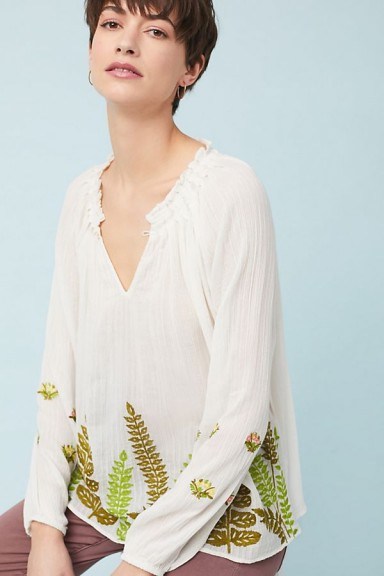 Ranna Gill Botanical Peasant Top | leaf embroidered tops - flipped