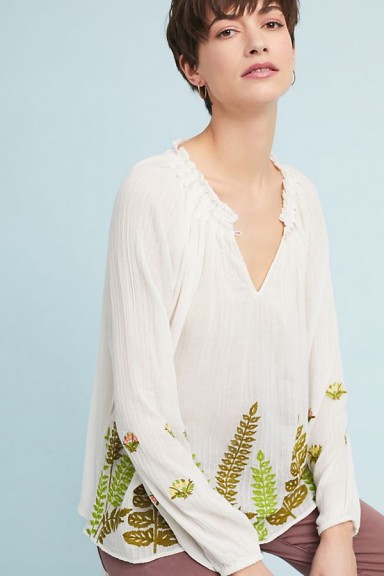 Ranna Gill Botanical Peasant Top | leaf embroidered tops