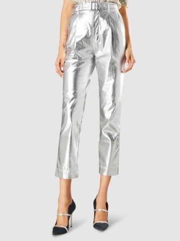 BOUGUESSA‎ Foil-Effect Metallic Faux Leather Cropped Trousers ~ silver pants - flipped