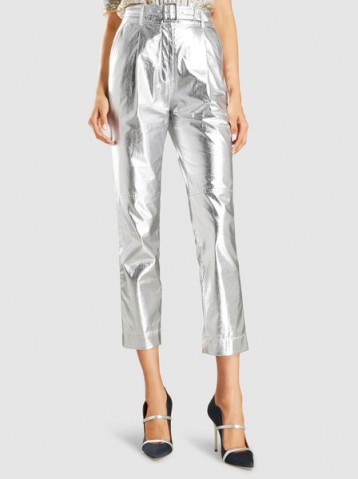 BOUGUESSA‎ Foil-Effect Metallic Faux Leather Cropped Trousers ~ silver pants