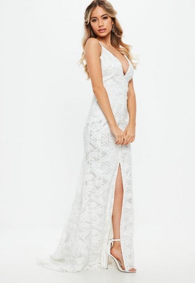 MISSGUIDED bridal white lace cross low back fishtail maxi – PLUNGE FRONT WEDDING DRESSES - flipped
