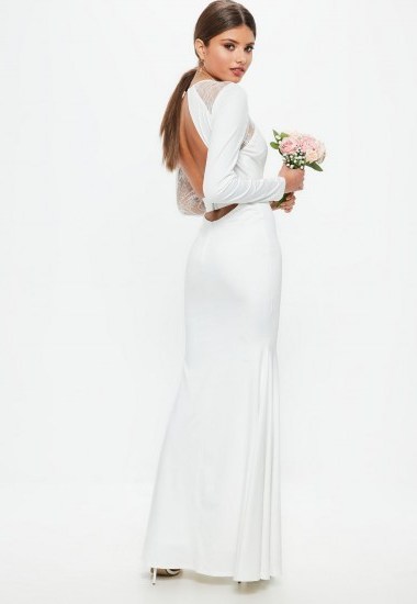 MISSGUIDED bridal white long sleeve plunge open back lace insert maxi dress – plunging neckline wedding dresses - flipped