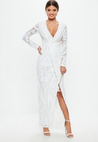MISSGUIDED bridal white sequin embellishment wrap dress – plunge front wedding dresses - flipped