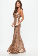 MISSGUIDED copper bridesmaid sequin strappy plunge dress – metallic maxi dresses