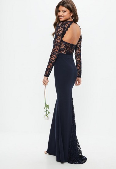 MISSGUIDED bridesmaid navy round neck lace insert fishtail maxi dress – long dark blue open back dresses - flipped