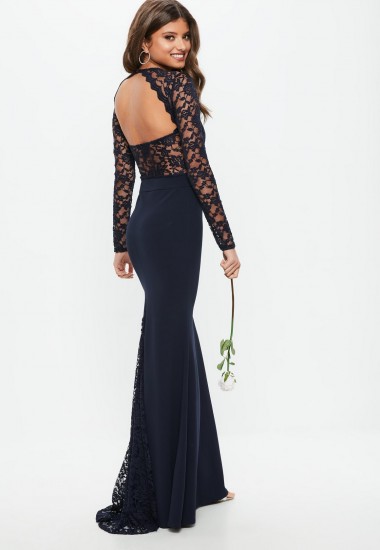 MISSGUIDED bridesmaid navy round neck lace insert fishtail maxi dress – long dark blue open back dresses