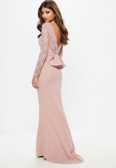 MISSGUIDED bridesmaid pink backless lace bow detail maxi – long lace sleeved occasion dresses - flipped