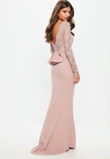 MISSGUIDED bridesmaid pink backless lace bow detail maxi – long lace sleeved occasion dresses