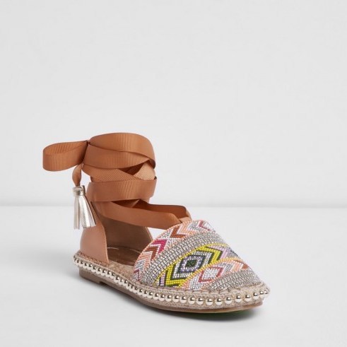 River Island Brown aztec beaded ankle wrap espadrilles | bead embellished espadrille flats - flipped