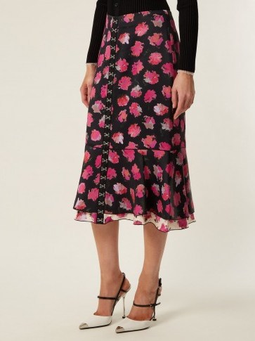 PROENZA SCHOULER Carnation-print fluted midi skirt ~ black and pink floral skirts - flipped