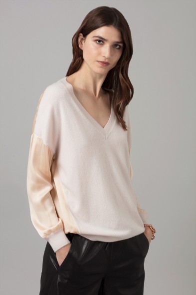 AMANDA WAKELEY CASHMERE & SATIN VIKANDER JUMPER IN OYSTER ~ luxe knitwear