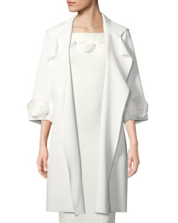 Chiara Boni La Petite Robe Margit Open-Front 3D Rose Topper Coat ~ white floral trimmed coats - flipped