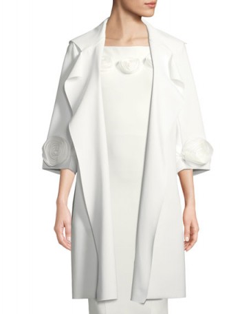 Chiara Boni La Petite Robe Margit Open-Front 3D Rose Topper Coat ~ white floral trimmed coats